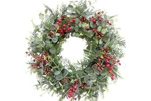 Egolot 24 Inch Christmas Eucalyptus Red Berries Wreath for Front Door, Winter Green Eucalyptus Leaves Wreath with Pine Cone f