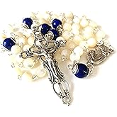 elegantmedical HANDMADE Mother of Pearl & Lapis lazuli Beads catholic 5 DECADE Rosary necklace Cross box