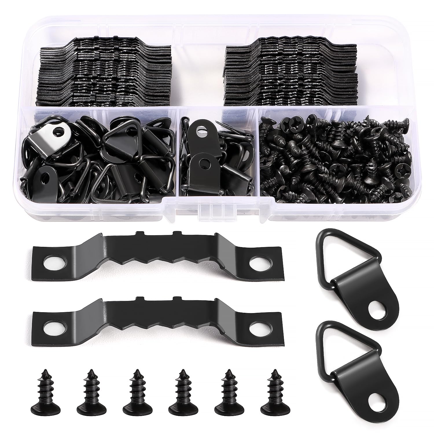 YIXISI 100 PCS Picture Hanging Kit, Sawtooth Photo Frames Hooks, Triangle Ring Hanger, with 150 Screws, for Home Decoration, Black