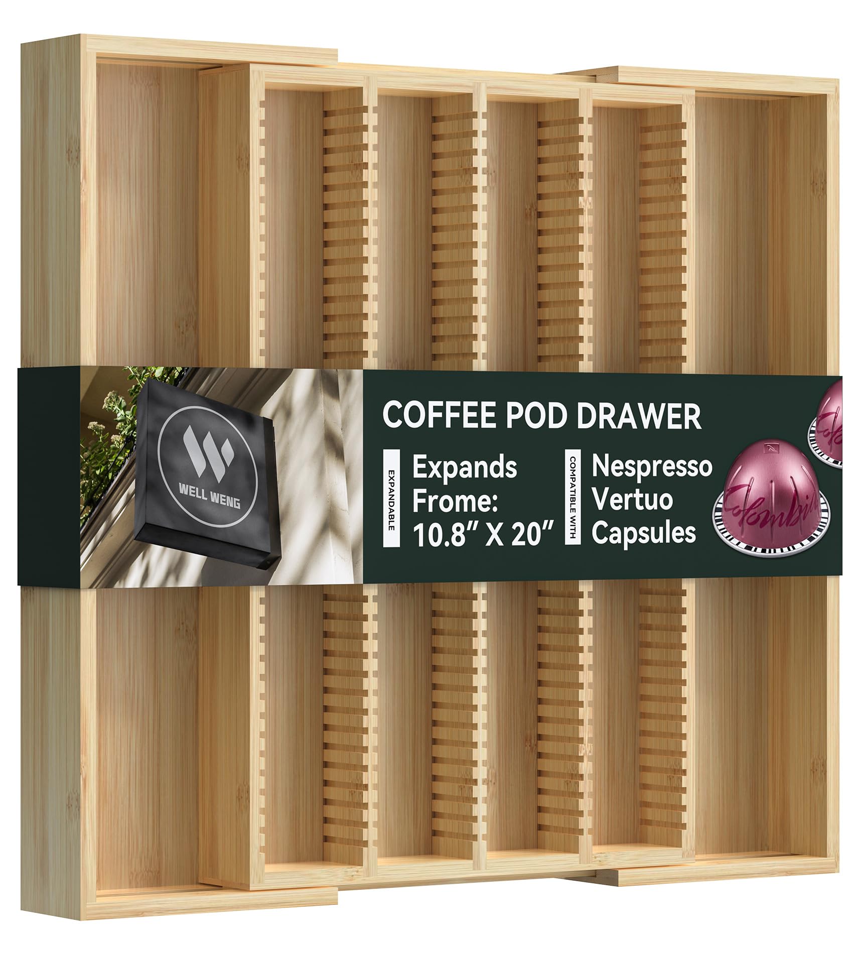 Photo 1 of WELL WENG Larger Expandable Bamboo Organizer Holder for Counter Drawer Insert - Compatible with Nespresso Vertuo Capsules - Tea Bags Storage (Natural)