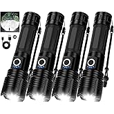 BEFAMALI 4 Pack Flashlight Rechargeable High Lumens, 99000LM Flash Light, Adjustable LED Bright Flashlights with 5 Modes & USB Cable, Waterproof Powerful Flashlight for Home Camping Outdoor