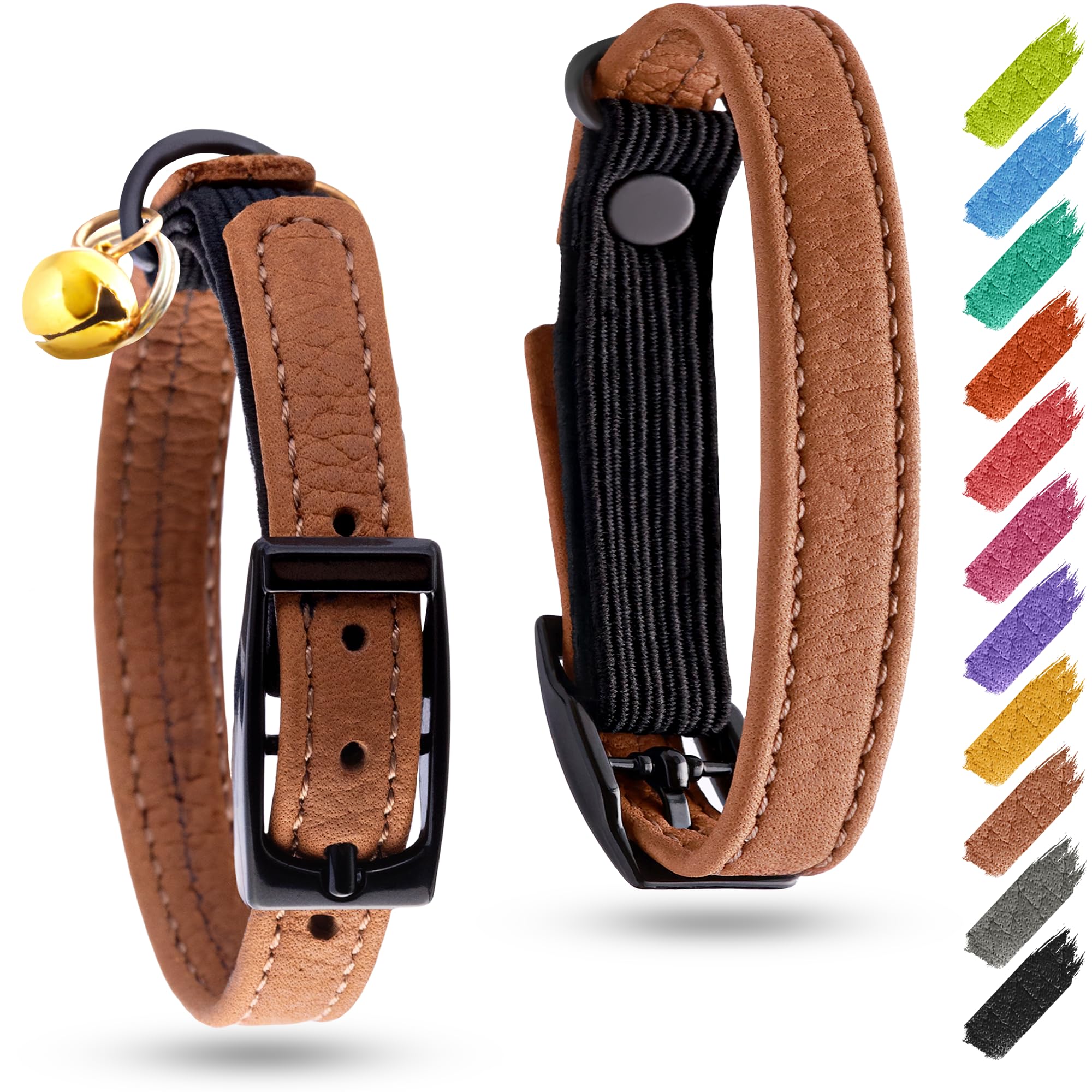 Photo 1 of Leather Cat Collar with Bell & Elastic Strap - Pet Collar Leather - Leather Kitten Collar - Cats Small and Big Cat Collar for Boy Cats, Girl Cats with Safety Elastic Strap (Brown, 6" - 8")