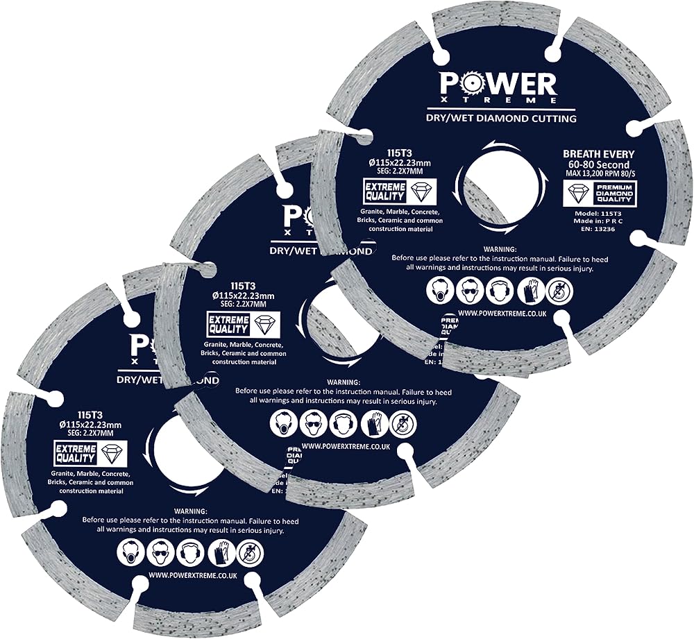 Power Xtreme 115mm Diamond Cutting Discs Pack of 3 for Angle Grinder