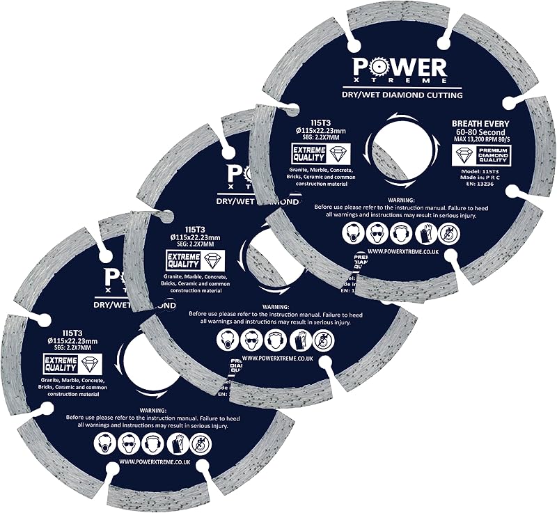 Power Xtreme 115mm Diamond Cutting Discs Pack of 3 for Angle Grinder