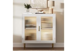 Housoul Buffet Cabinet with LED Lights, Sideboard Cabinet with 2 Doors Fluted Acrylic, 32" Modern Buffet with Shelf, Coffee Bar for Living Room, Kitchen, White