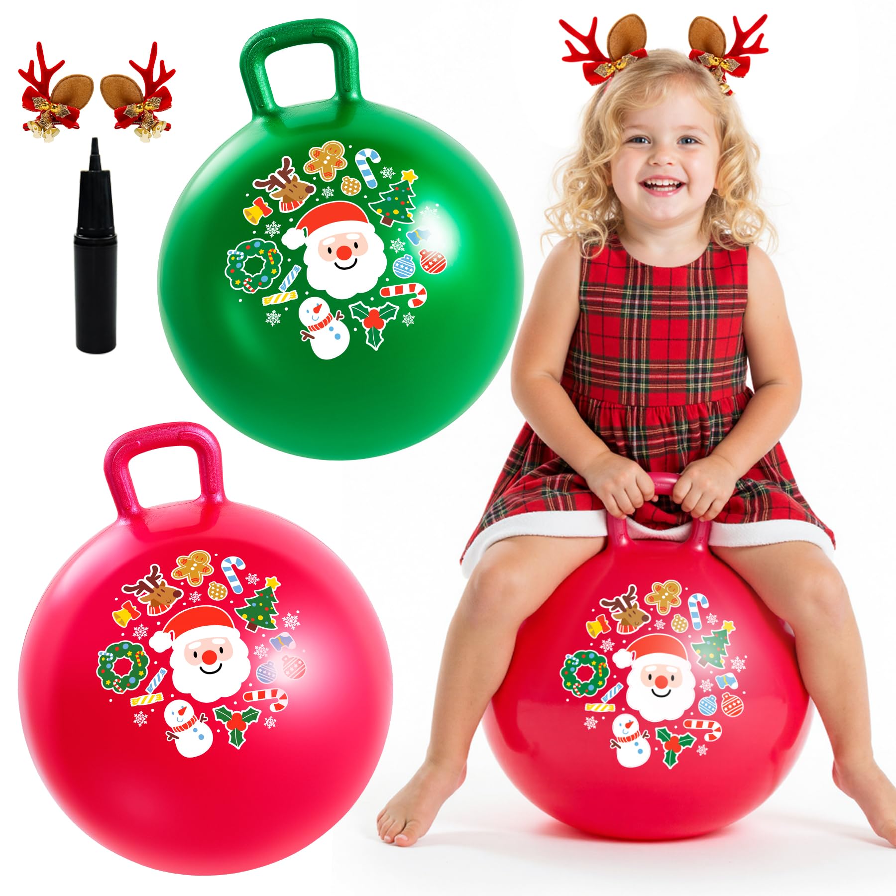 EVERICH TOY 2-Pack Hopper Ball for Kids 18In Sit On Bouncy Ball with Handle with Christmas Reindeer Ears, The Top Green & Red Christmas Boys Girls Gifts for 4 5 6 7 8 Yr Old Indoor Outdoor Active Play Image