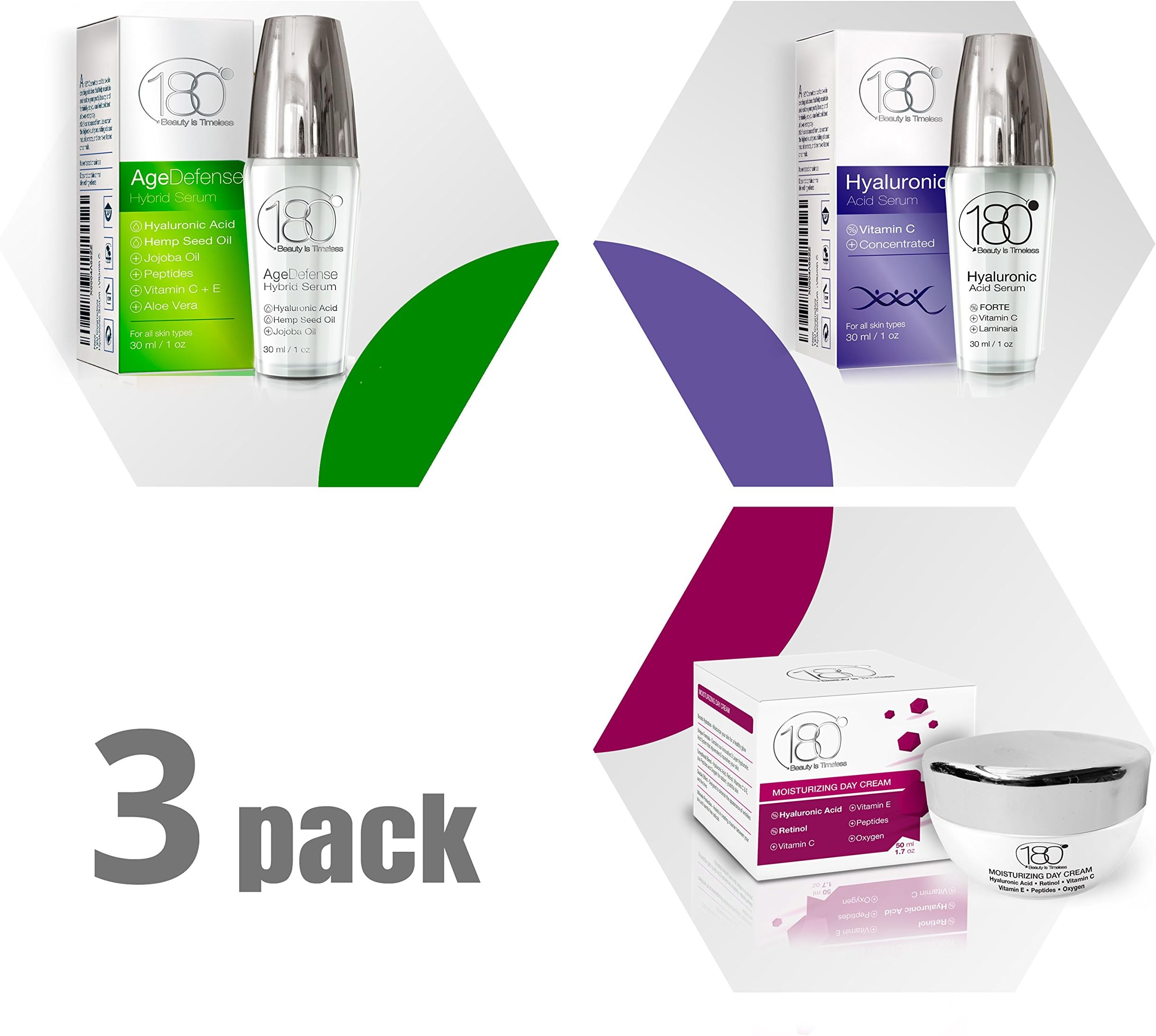 180 Total Hydration Day Kit - 3 Full-Size Products, Enjoy Younger Looking Skin With This Facial Care Kit for Immediate & Long Term Results. Day Cream, Hybrid Serum and Hyaluronic Acid Serum