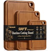 Bamboo Cutting Board 3-Piece Wooden Chopping Mats for kitchen | Deep-Carbonized Bamboo Set with Deep-Carbonized Finish &amp; Non-Slip Edges, Size for Meat/Veggie,Chopping Mats with Hanging Hole