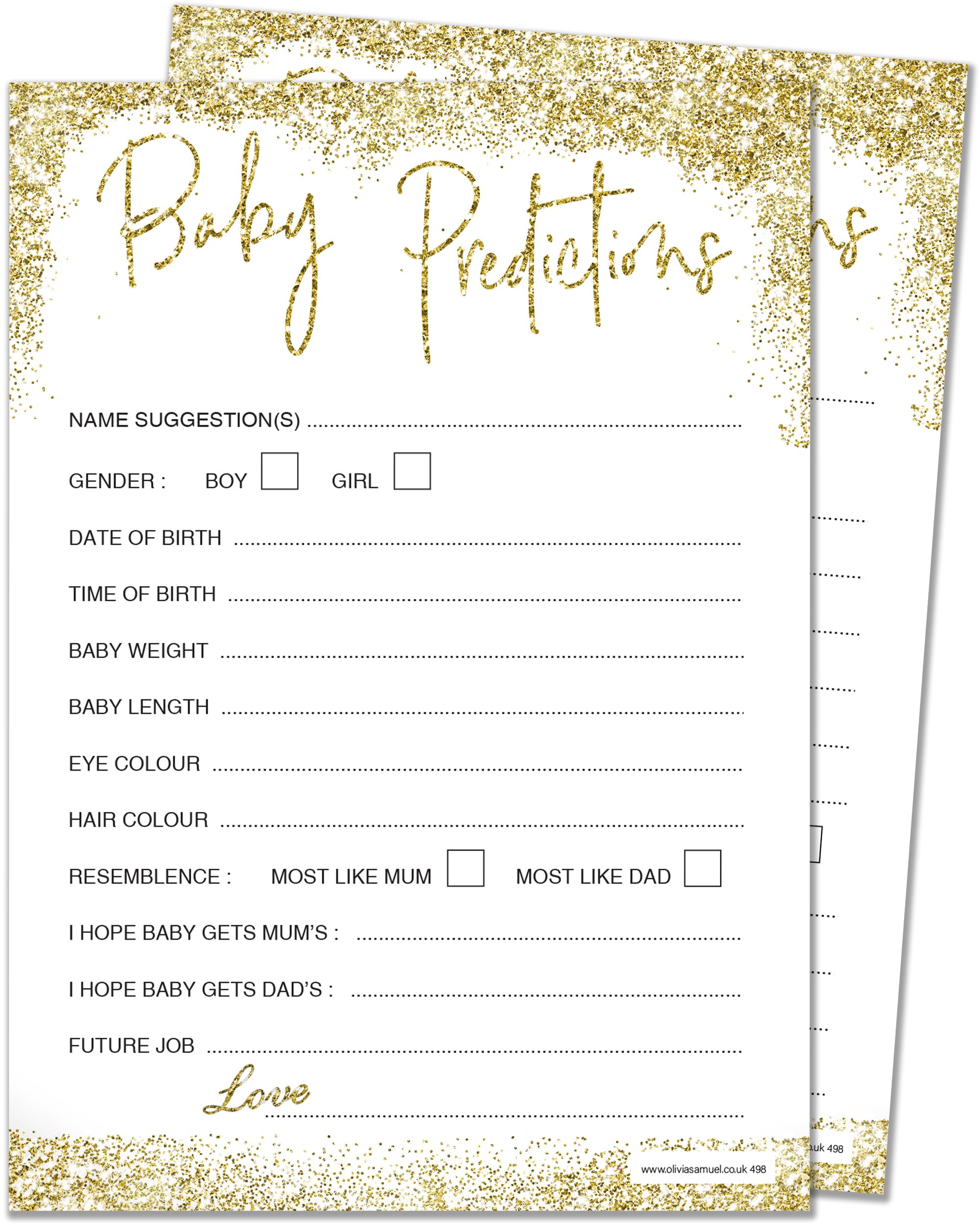Olivia Samuel 30 Player Baby Prediction Cards – Gold Sparkle Design – Unisex – Made in the UK