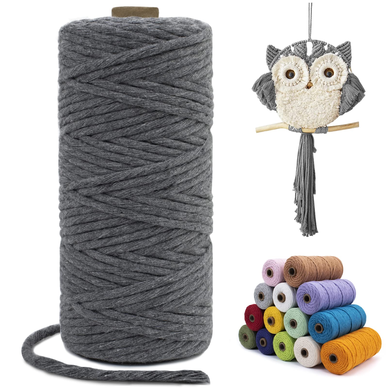 LEREATI Macrame Cord 3mm x 100m, Single Strand Thick Macrame Rope Yarn Natural Cotton Cord, Craft Macrame String for Plant Hanger, Wall Hanging, Knitting, DIY, Home Decorations (Gray)