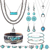 Yaomiao Western Jewelry for Women Bohemian Turquoise Jewelry Set Pendant Necklace Earrings Pearl Necklace Beaded Choker Faux Leather Cuff Bracelet Knuckle Rings