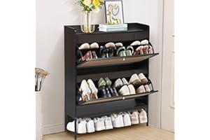 LEVNARY Shoe Storage Cabinet with 2 Flip Drawers, Wooden Narrow Shoe Cabinet Storage for Entryway, Freestanding Shoe Rack Organizer Cabinet with Metal Legs for Hallway (1, Black)