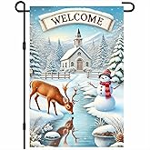 BlissYard Winter Deer and Snowman Garden Flag 12x18 Inch Christmas Welcome Banner with Church Scene Seasonal Holiday Yard Decoration Double Sided Outdoor Porch Patio Flag