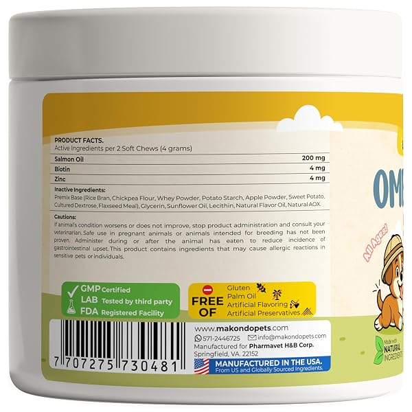 OMEGA 3 SOFT CHEWS – SALMON OIL FOR DOGS SKIN AND COAT SUPPORT, ITCH RELIEF & SHEDDING SUPPORT – EPA & DHA DOG FISH OIL FATTY ACIDS – 120 CHEWS BY MAKONDO PETS.