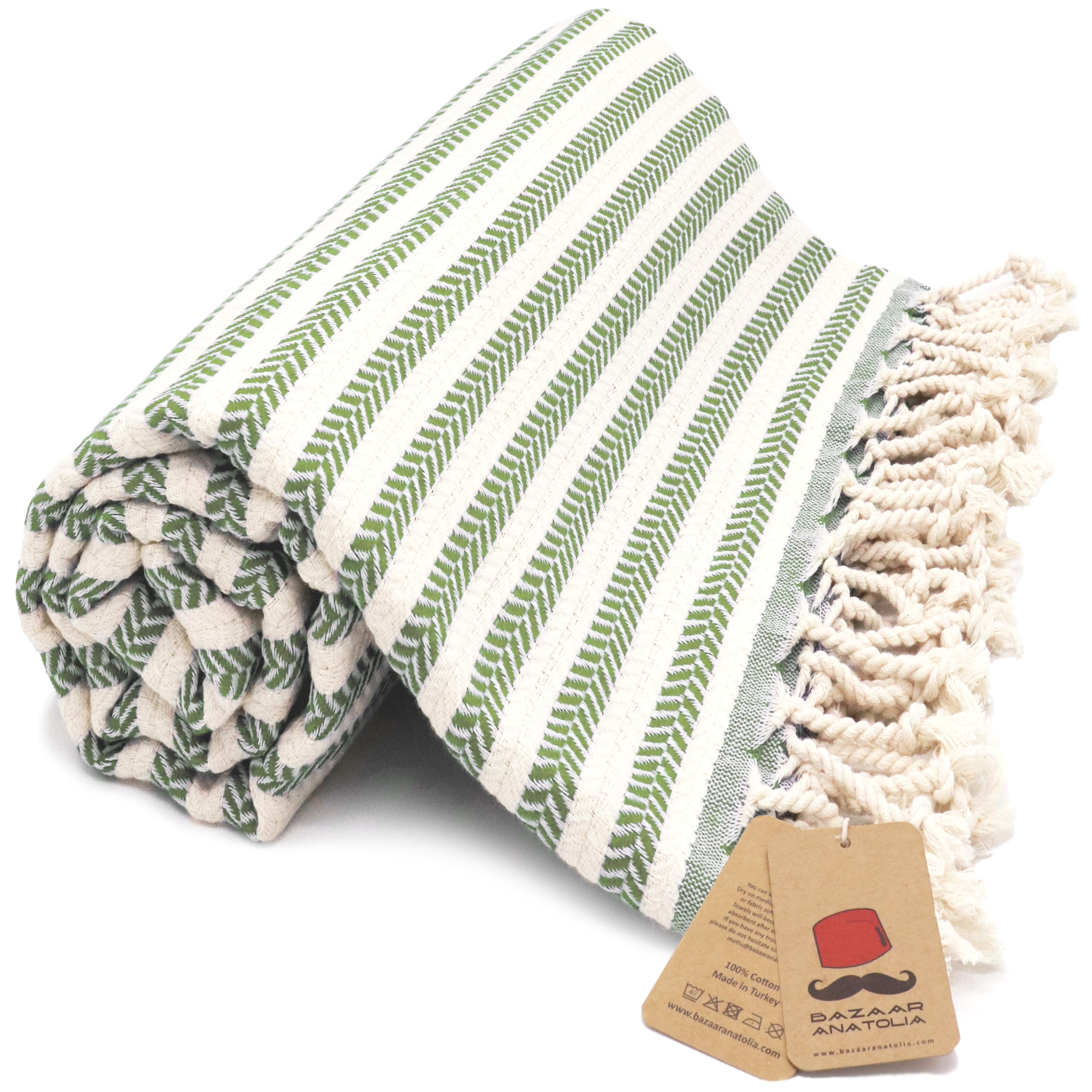 Photo 1 of Bazaar Anatolia Turkish Beach Towel – 100% Cotton, Quick Dry, Sand Free Striped Towel for Bathroom and Travel, Sage Olive Color – Oversized 71x39 Inches – Arpa Green