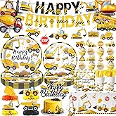 Construction Birthday Party Supplies - Plates, Napkins, Cups, Cutlery, Banner, Hanging Swirls, Honeycomb Centerpieces, Tablecloth, Folil Balloons for Boy Construction Party Decorations, Serves 24