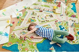 IVI Mini City Thick 3D Kids Play Mat Rug, 71" L x 53" W, Non-Toxic, Stain Resistant, Educational Montessori Activity Toys for Kids