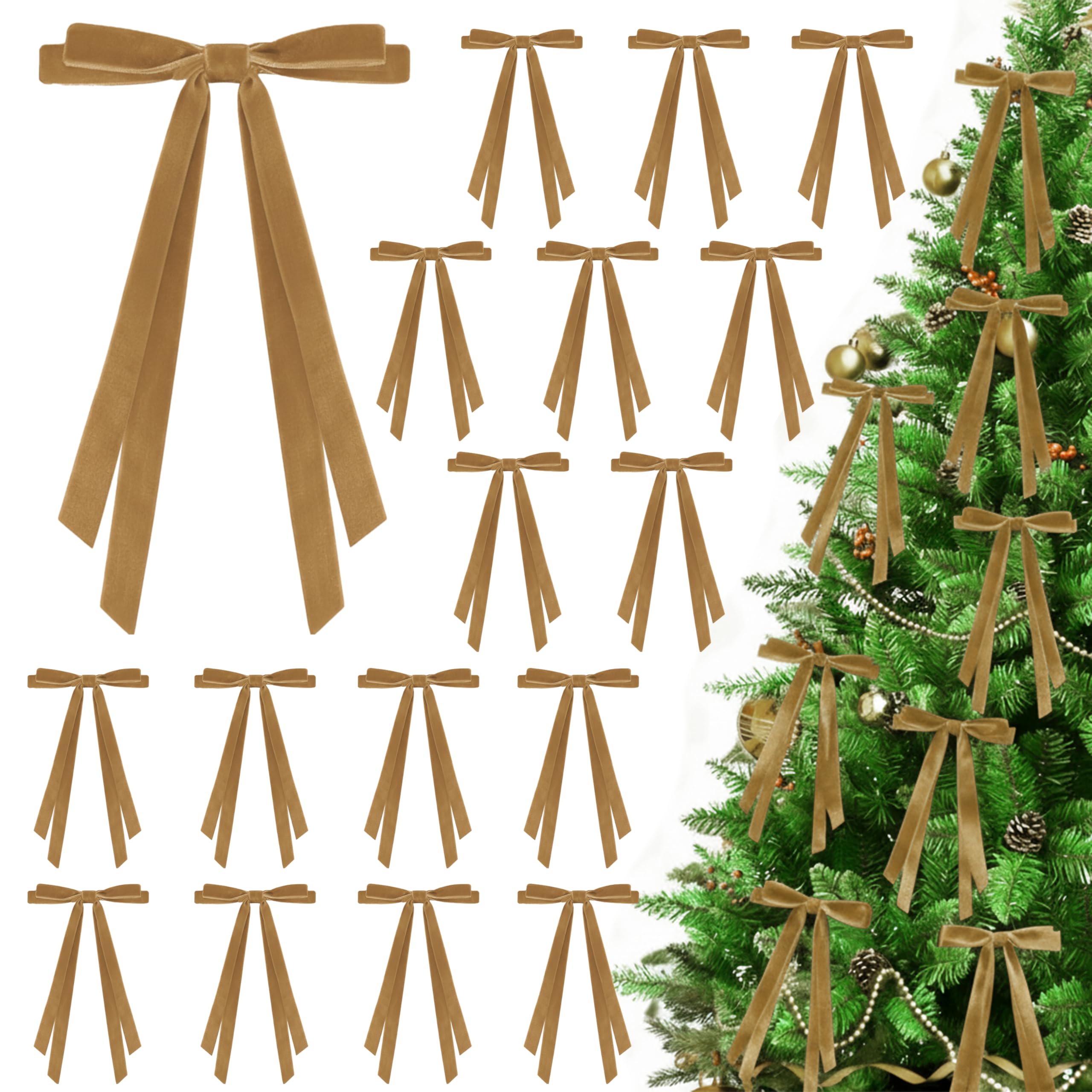 Photo 1 of ++2 pack++24 Pcs Christmas Bows for Tree, Light Brown Velvet Ribbon Bow for Christmas Tree, Pre-Tied Vintage Xmas Bows for Xmas Trees Wreaths Gifts Wedding Indoor Outdoor Decorations, 5 x 7 Inch