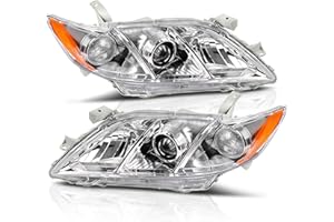 AUTOSAVER88 Projector Headlight Assembly Compatible with 2007 2008 2009 Camry 07 08 09 Camry (Exclude Hybrid) Replacement Headlamps Left and Right Pair Chrome Housing Amber Reflector Clear Lens