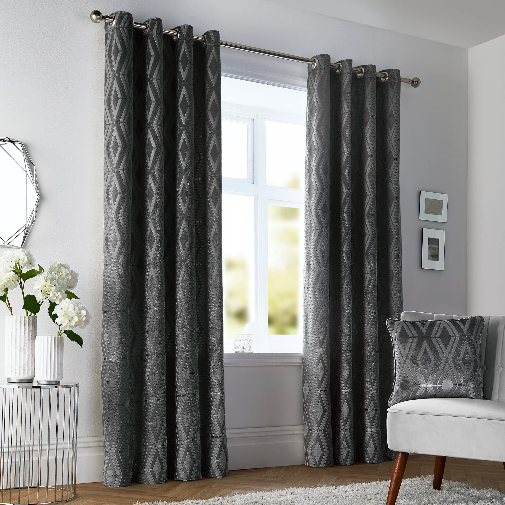 Curtina - Marco - Jacquard Pair of Eyelet Curtains - 46" Width x 72" Drop (117 x 183cm) in Slate