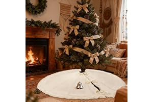 yuboo 48 Inch Cream Knit Christmas Tree Skirt for 7-7.5 FT Trees, White Boho Cable Knit Xmas Tree Skirt, Neutral Farmhouse Ch