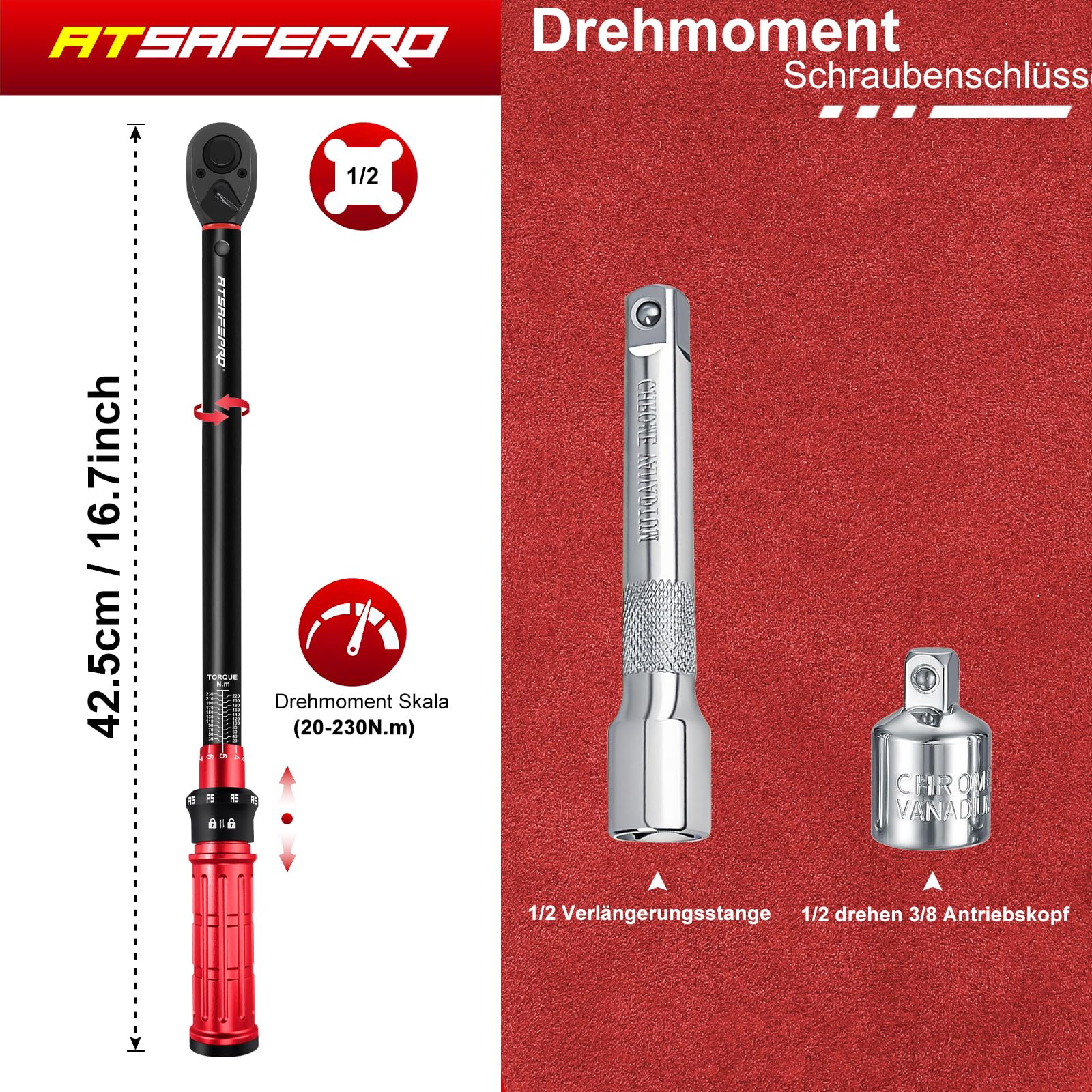 ATsafepro Drehmomentschlüssel 1/2",20-230Nm Drehmomentschlüssel auto mit 3/8" Adapter Verlängerungsstange,±3% Fehlergenauigkeit 72 Zähne torque wrench für die Reparatur von Auto, Motorrad, LKWs 2
