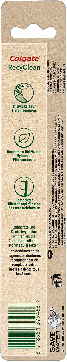 Colgate RecyClean Toothbrush, Medium, Pack of 1, Manual Toothbrush with Plant-Based Bristles and Handle Made from 100% Recycled Plastic - Image 4