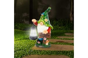 WOGOON Garden Gnome Statue, Resin Figurine with Bright Solar Lantern Lights and Welcome Sign, Outdoor Solar Illumination Decorations for Indoor Patio Lawn Garden Room,Birthday Housewarming Gift