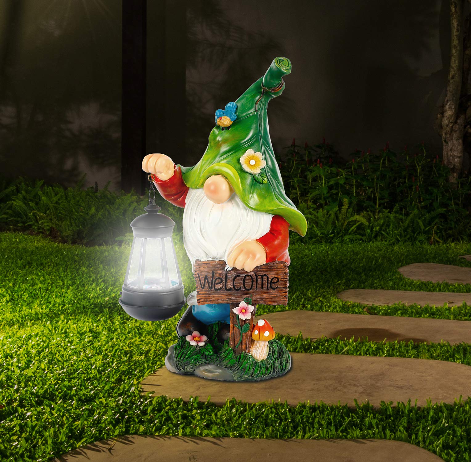 Photo 1 of WOGOON Garden Gnome Statue, Resin Figurine with Bright Solar Lantern Lights and Welcome Sign, Outdoor Solar Illumination Decorations for Indoor Patio Lawn Garden Room,Birthday Housewarming Gift