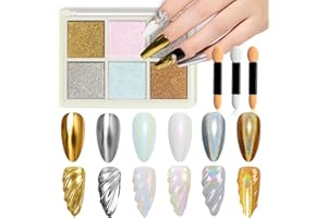 MIZHSE Pearl Chrome Nail Powder for Nails Iridescent Mermaid Glitter Powder, Holographic Solid Pigment Aurora Gold Silver Mirror Powder Nail Art(6 in 1)