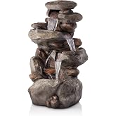 Alpine Corporation | 40" 4-Tier Rock Floor Fountain with Cascading Water &amp; White LED Lights, Tranquil Outdoor Water Feature for Garden, Patio, Yard &amp; Deck, Light Gray