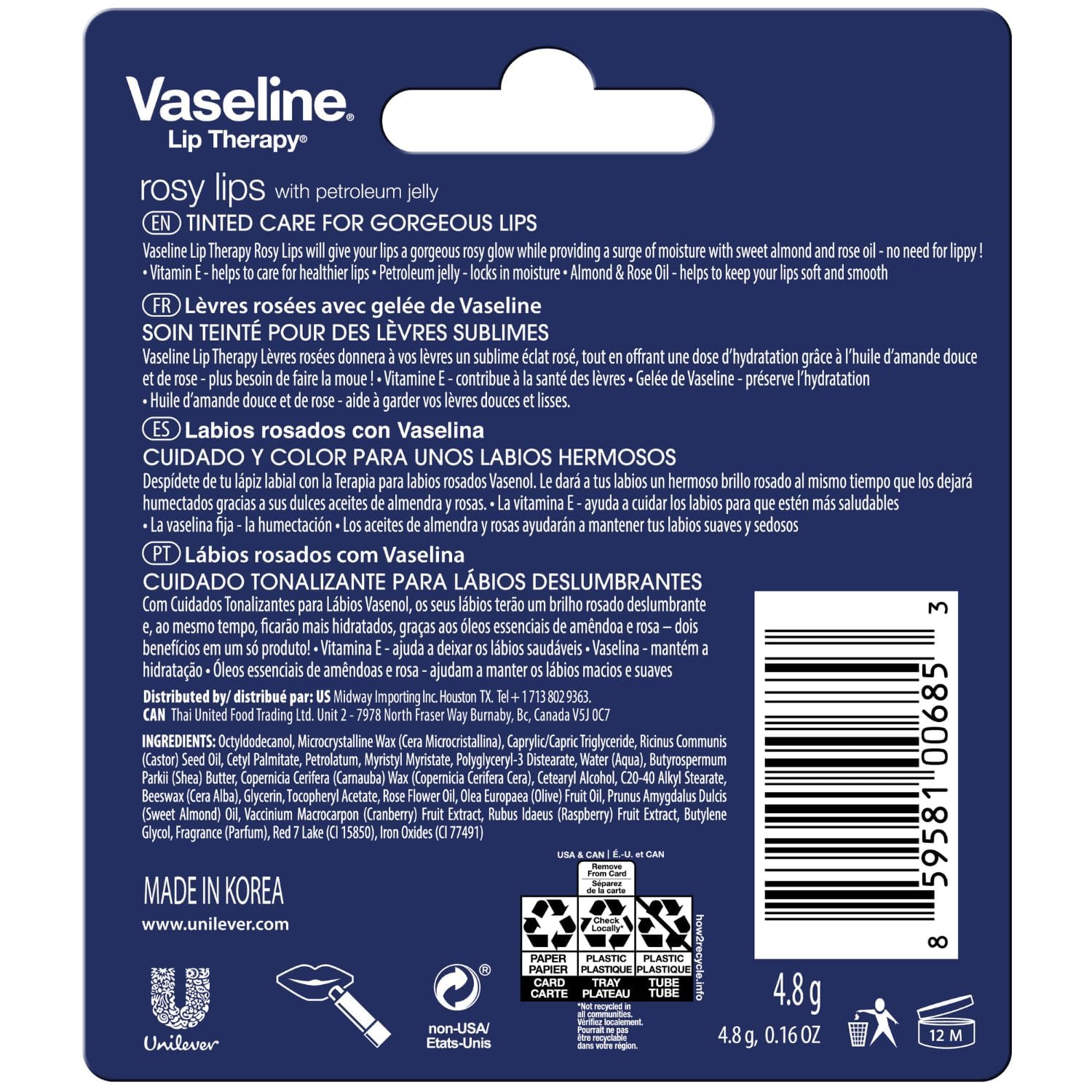 Vaseline Lip Therapy Rosy Lips 12-Pack – Moisturizing Balm, Lip Care for Dry Lips, 0.16 Oz Ea