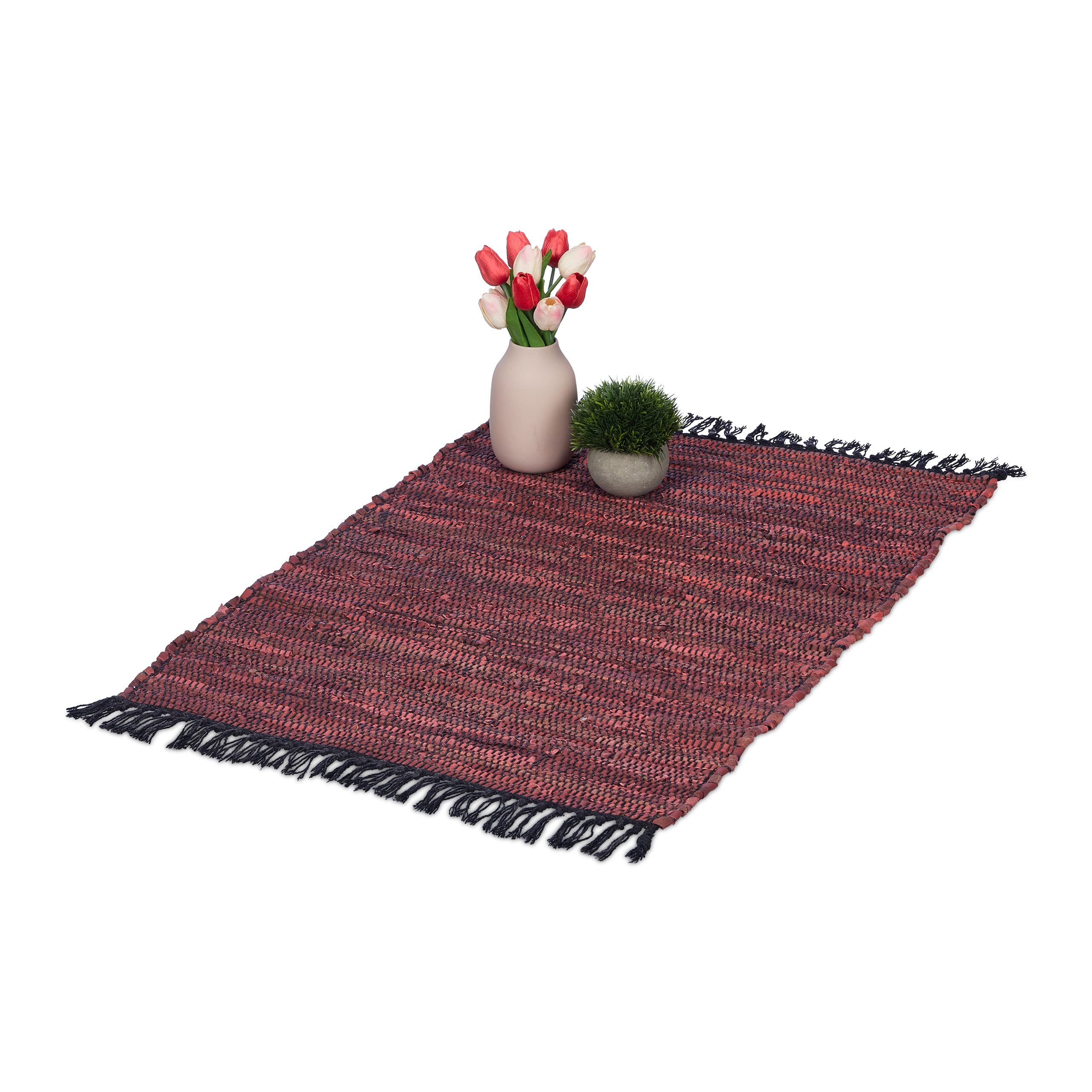 Relaxdays Boho Runner Rug, Cotton and Leather, Non-Slip, Hand-Woven, with Tassels, for Living Area, 60x100 cm, Burgundy, Real