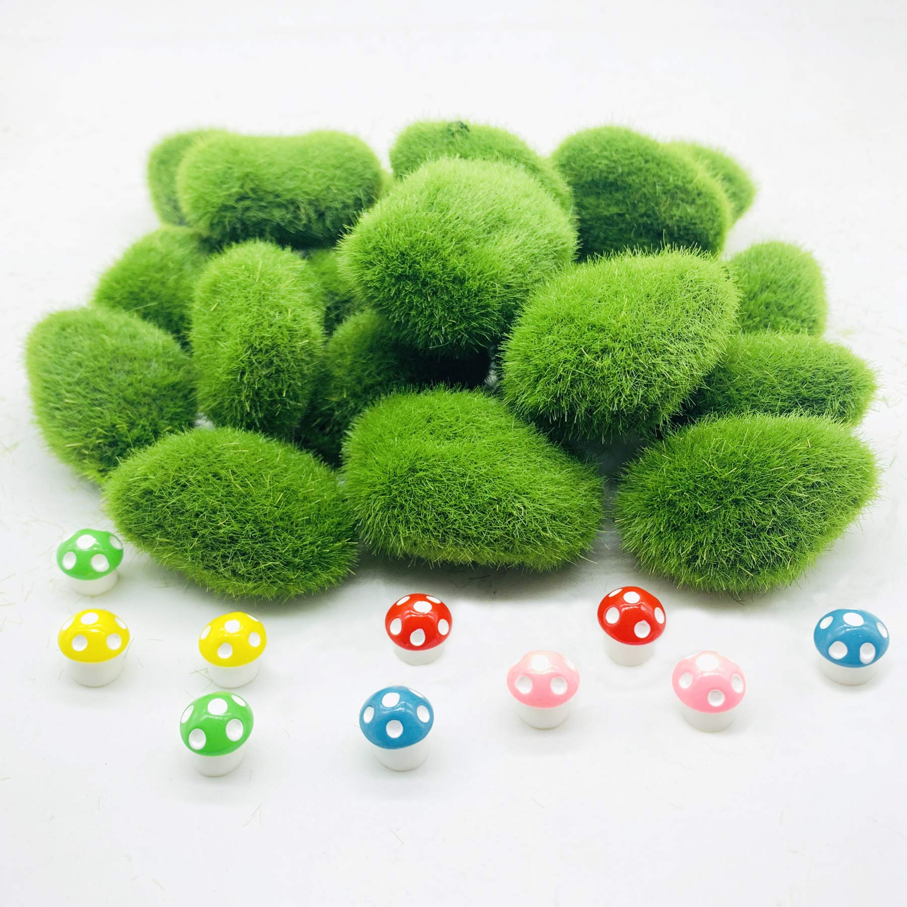 Woohome 30 PCS Artificial Moss Rocks Decorative Set, 2 Size Green Moss Balls and 10 PCS DIY Mushroom, Fake Moss Decor for Floral Arrangements, Fairy Gardens and Crafting