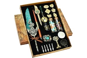 Hethrone Calligraphy Pen Set - Quill Pen and Ink Set for Writing Feather Pen with Black Ink 5 Replaceable Nibs Wax Stamp Letter Opener Brooches Gift Set