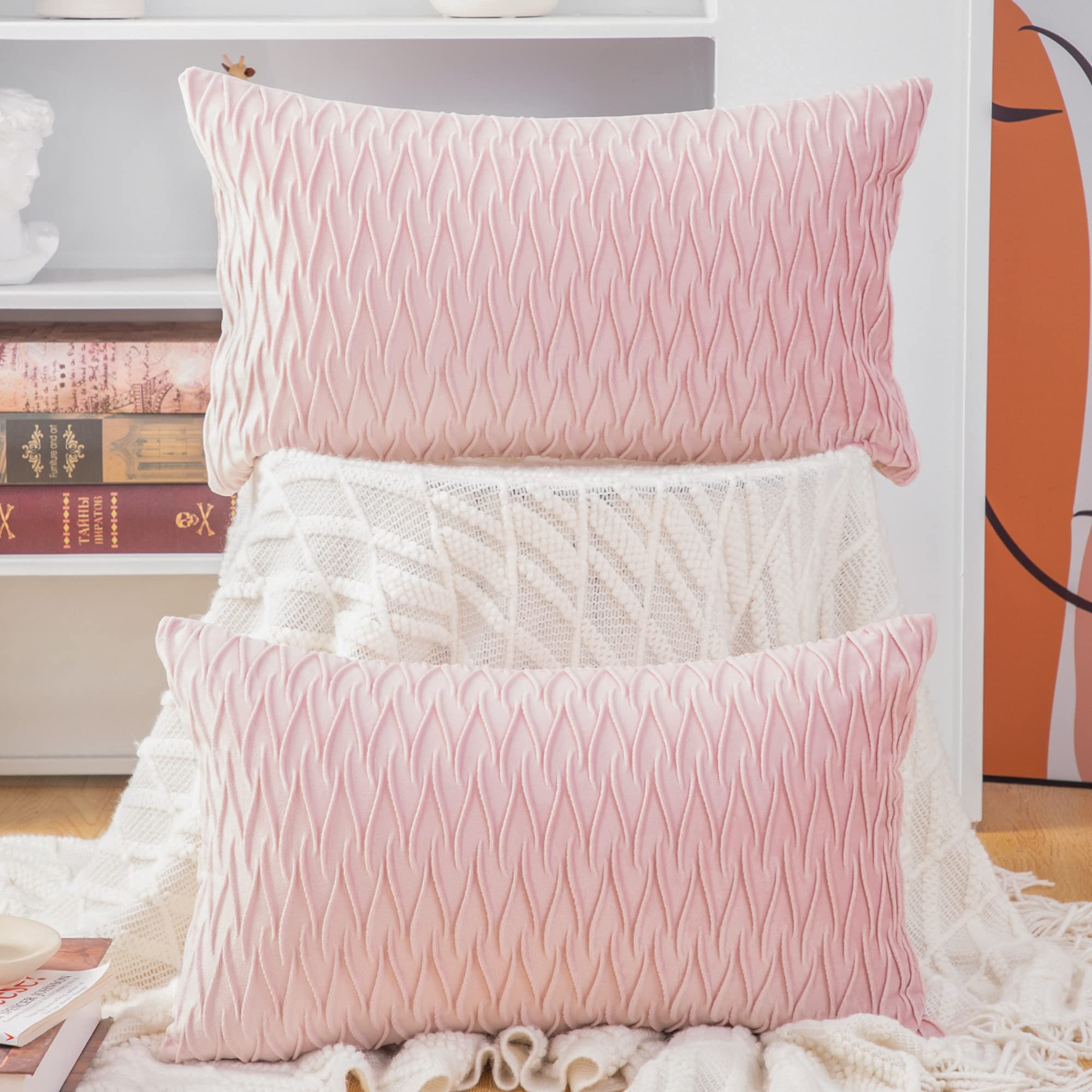 Madizz Pack of 2 Super Soft Velvet Decorative Cushion Covers with Texture Luxury Style Throw Pillow Cases Pillow Shell for Sofa Bedroom Light Pink 12x20 inch Rectangular