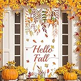 Hello Fall Door Cover Decorations Hello Autumn Door Banner Background Welcome Harvest Porch Door Sign Maple Leaves Front Door Cover for Thanksgiving Indoor Outdoor Decor Party Supplies