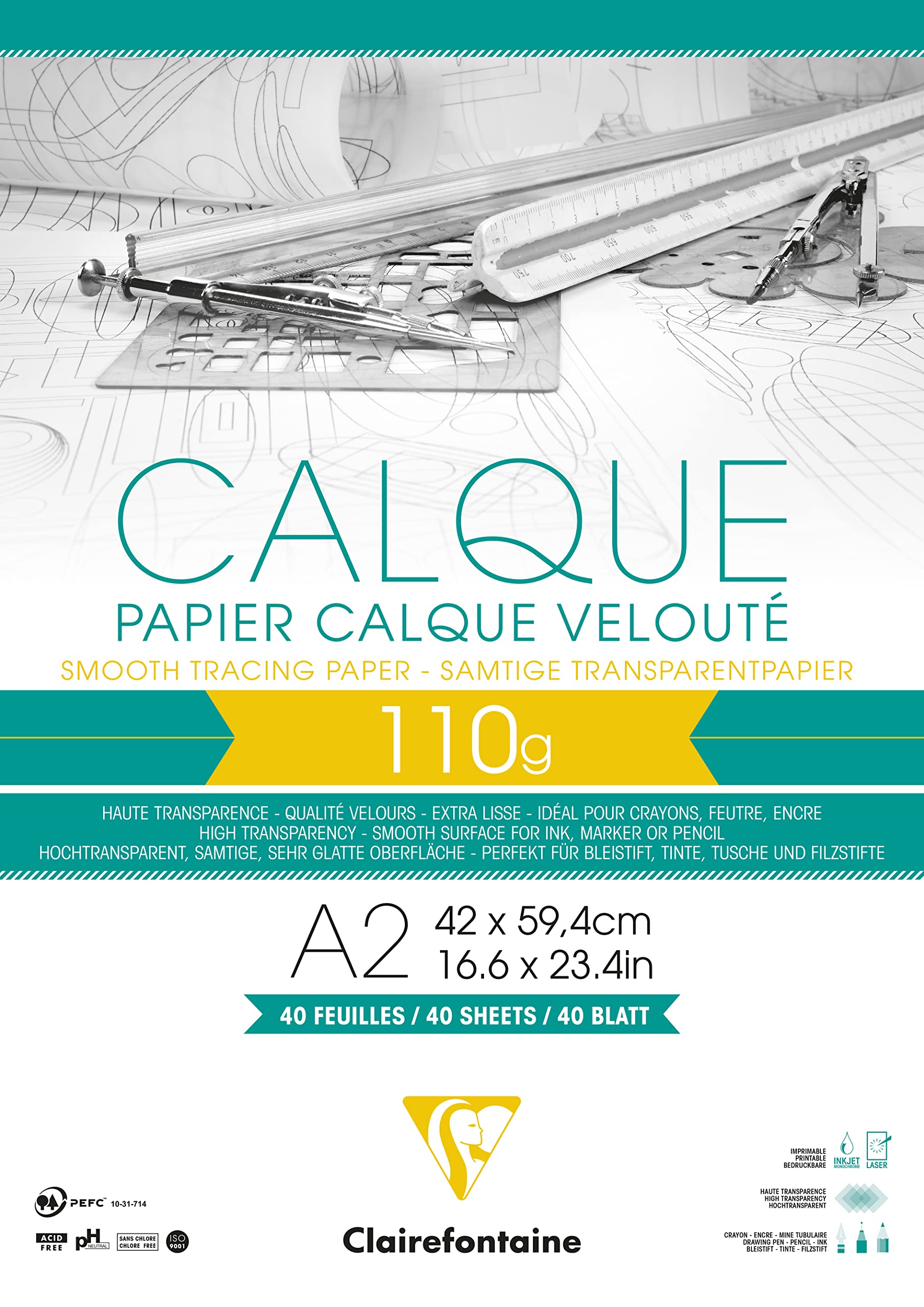Clairefontaine - Ref 975108C - Tracing Paper Pad (40 Sheets) - A2 Sized, 110g, High Transparency, Smooth Surface, Acid Free, Printable - Suitable for Ink, Marker & Pencil
