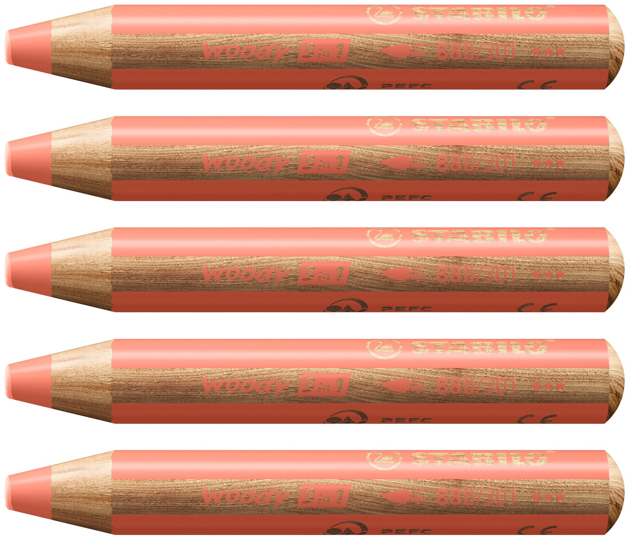 STABILO woody 3-in-1 - Multi-Talented Pencil - Pack of 5 - Pastel Red