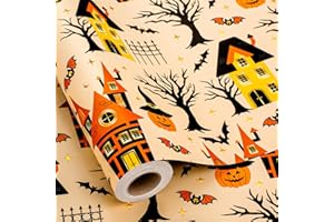 Yarcony Halloween Wrapping Paper Roll - 17 Inch X 33 Feet - Metallic Foil Classic Orange Haunted House, Pumpkin and Bat Pattern Gift Wrap Paper Sheet for Halloween's Day, Holiday Decorations, Birthday
