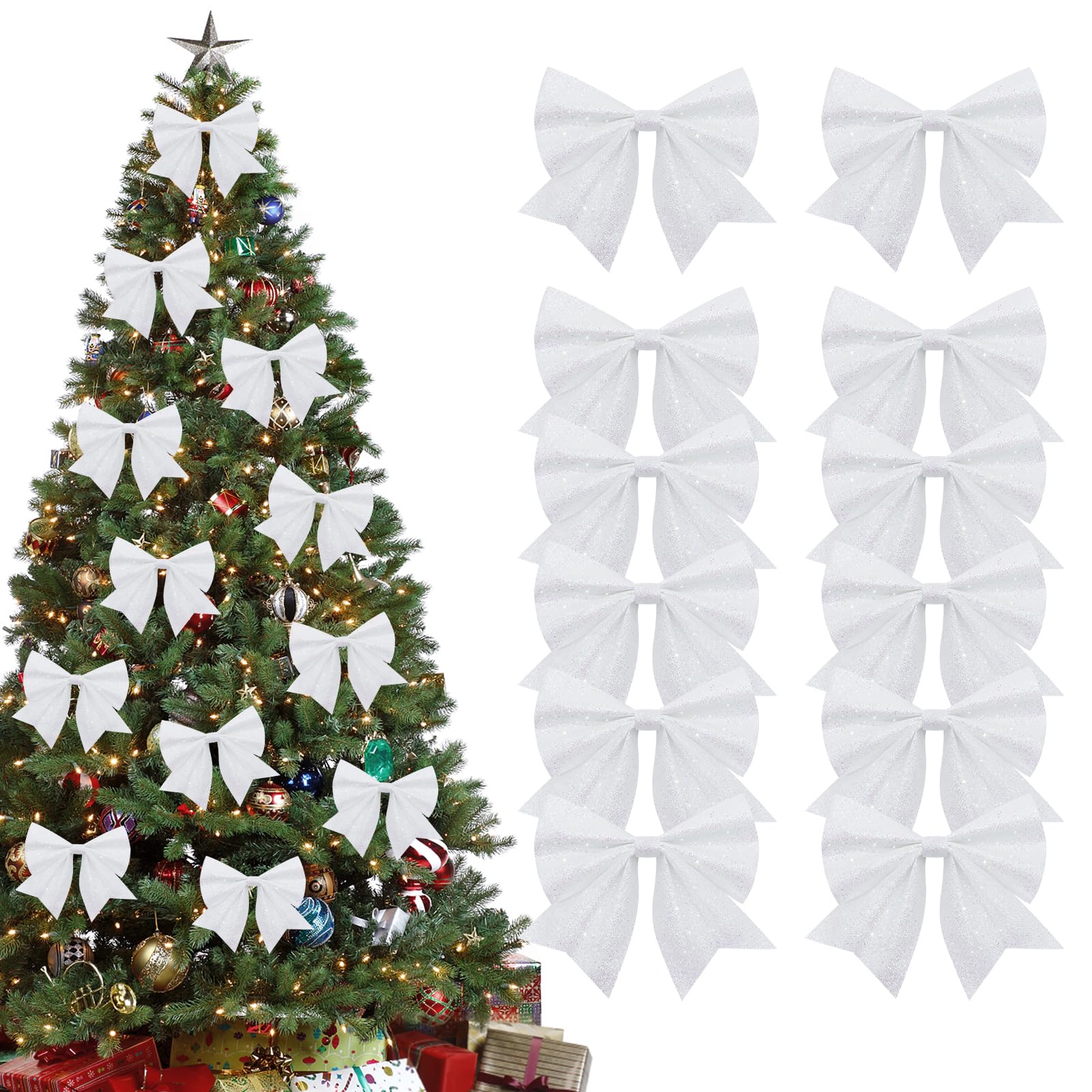 Shining She 12PCS White Christmas Bows Decorations, Small Christmas Tree Bow Ornaments, Sequin Bow Ties for Xmas Wreaths, Garland, Tree Decoration