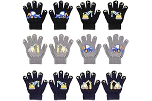 6 Pairs of Children's Magic Gloves Winter Thermal Gloves Full Finger Kid’s Gloves Dinosaurs/Excavator Pattern for Boys Girls