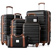 LONG VACATION 6 Piece Luggage Set Carry on Suitcase with ABS+PC hardshell, Spinner Wheels & YKK Zipper TSA Lock (BLACK-BROWN, 6 piece set)