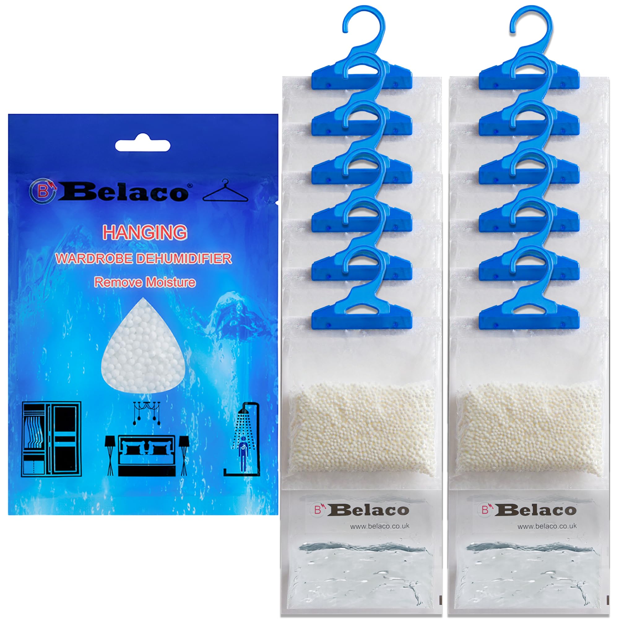 Belaco Set of 12 Hanging Dehumidifier, 230g Moisture Absorber, Dehumidifier for home, Ideal to eliminate damp & Condensation Bedroom, Wardrobe, Kitchen, Basement, Office etc (12)