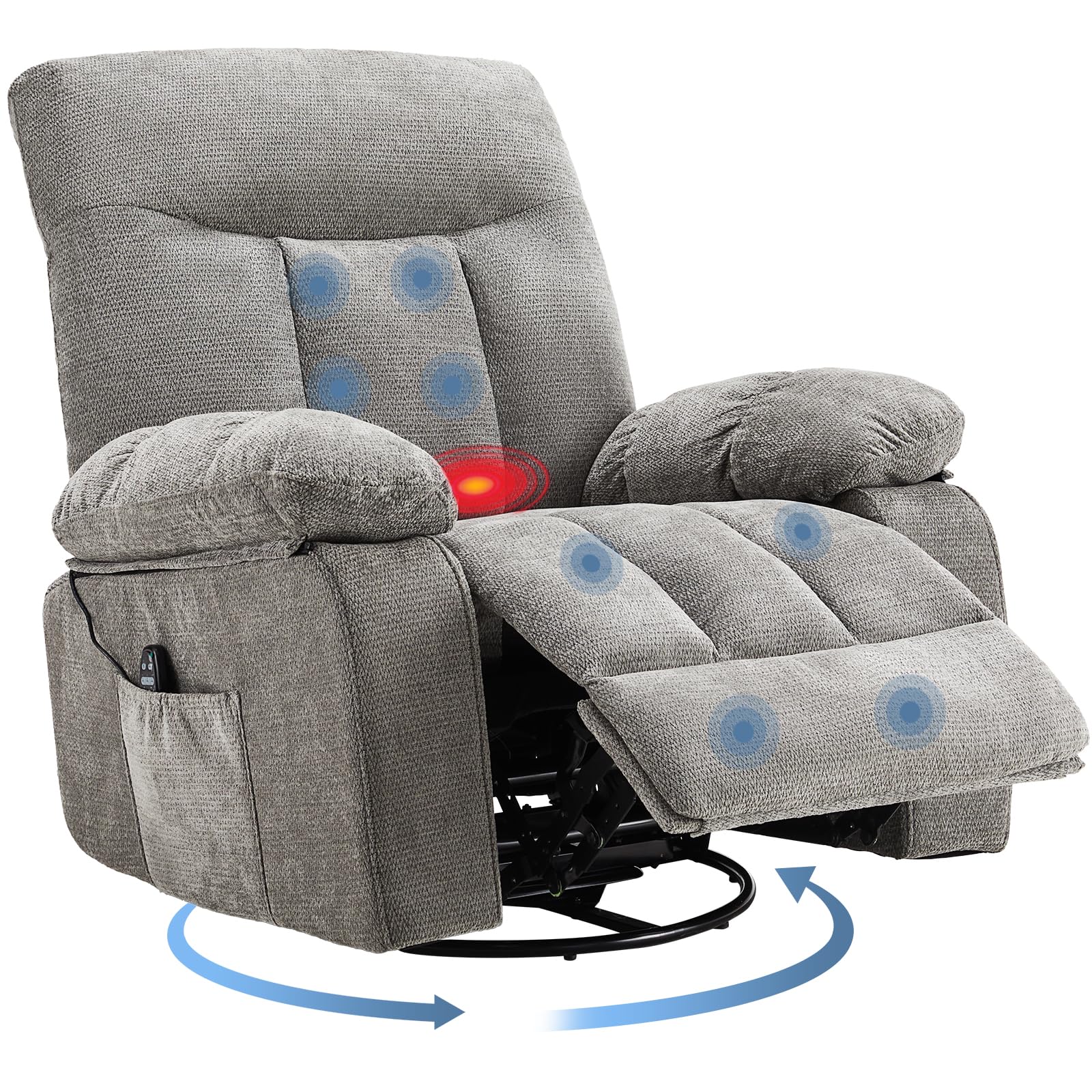 Photo 1 of  DUMOS Rocker Recliner Chair, Swivel Recliner with Vibration Massage & Lumbar Heating, 270° Rotating Chenille Fabric Recliner with footrest for Living Room & Bedroom, Grey