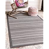 Unique Loom Outdoor Border Collection Area Rug - Lines (9' x 12' 2" Rectangle, Gray/ Silver)