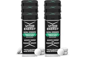 Viter Energy Extra Strength Caffeinated Mints - 80mg Caffeine, B Vitamins, Sugar Free Vegan Breath Mint. Powerful Energizing Boost. 1 Mint Replaces 1 Coffee, Gum, Chews, Gummies (Peppermint, 6 Pack)