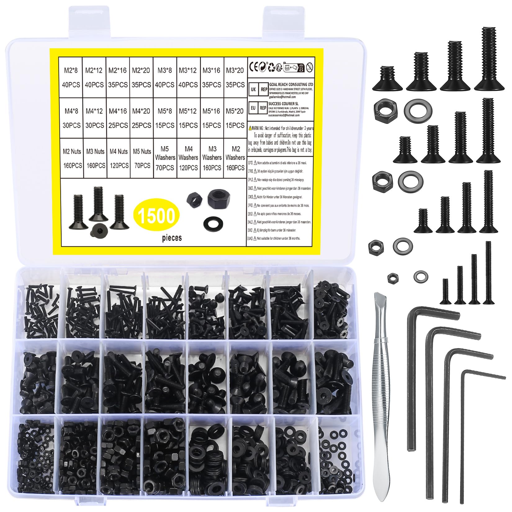 1500 Pcs Flat Head Hex Socket Head Cap Screws Bolts and Nuts and Washers Assortment Kit, M2 M3 M4 M5 Alloy Steel Countersunk Head Screws Nuts and Bolts and Flat Washers Set — image 1