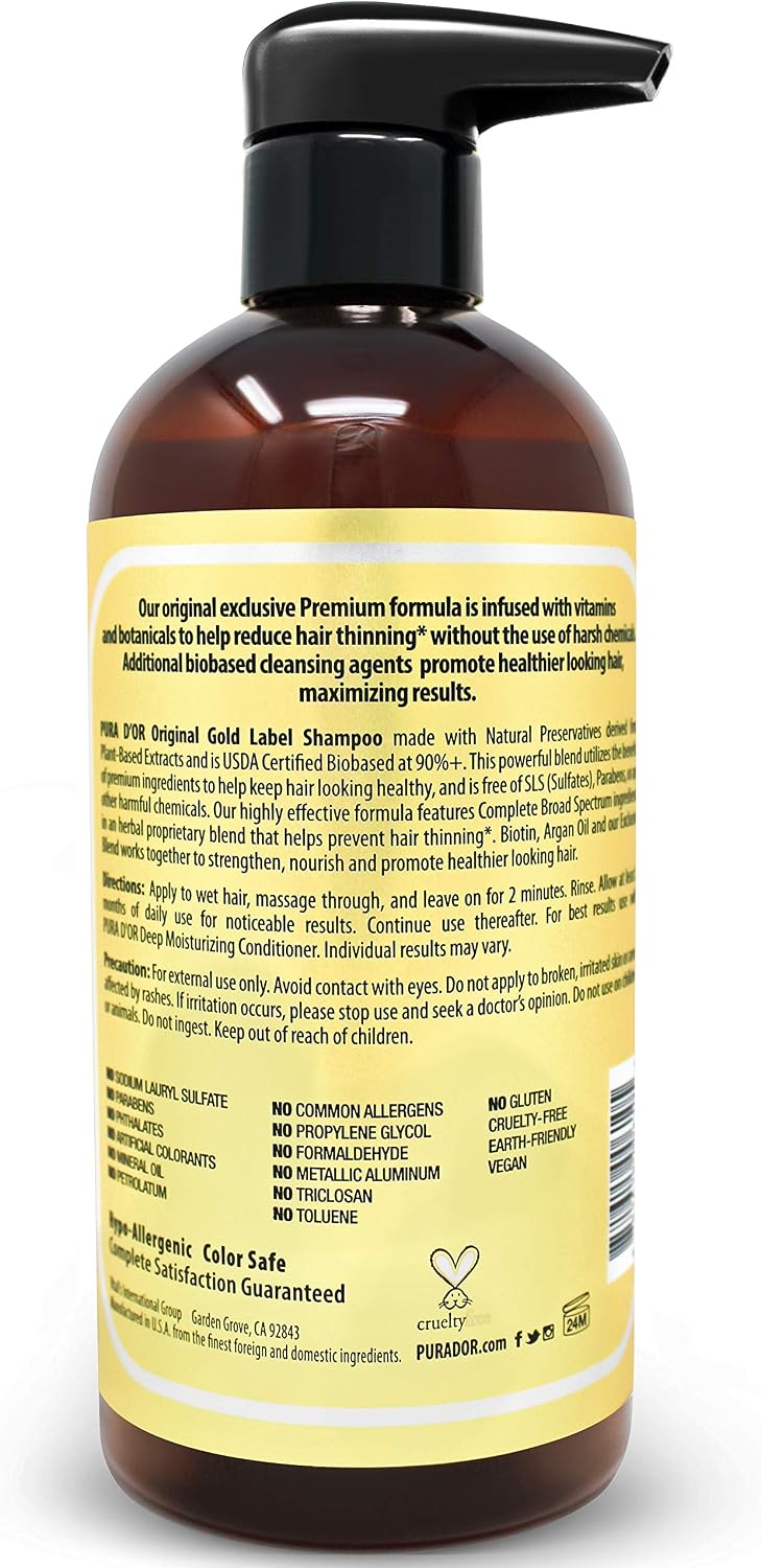 Pura D’Or Premium Organic Argan Oil Shampoo for Hair Loss Prevention (Gold Label), 16 Liquid Ounces Single - Image 3