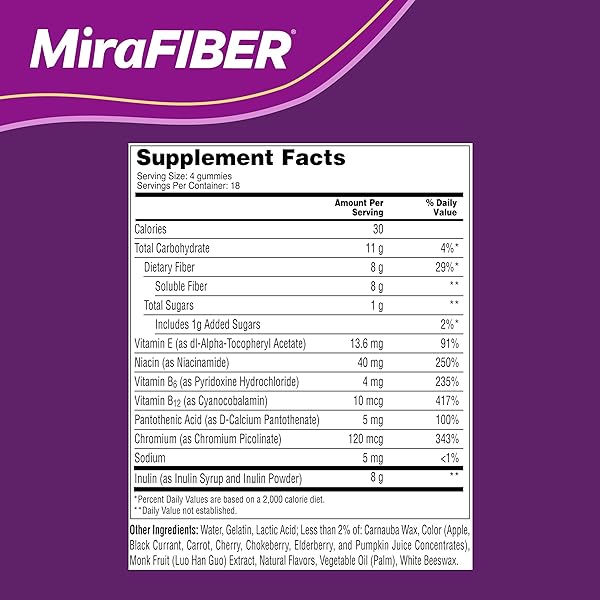 MIRAFIBER GUMMIES FROM THE MAKERS OF MIRALAX, 8G OF DAILY FIBER PER SERVING, METABOLISM SUPPORT WITH B VITAMINS, GUT HEALTH FOR MEN & WOMEN,PREBIOTIC FIBER GUMMIES FOR ADULTS, MIXED FRUIT FLAVOR 72CT